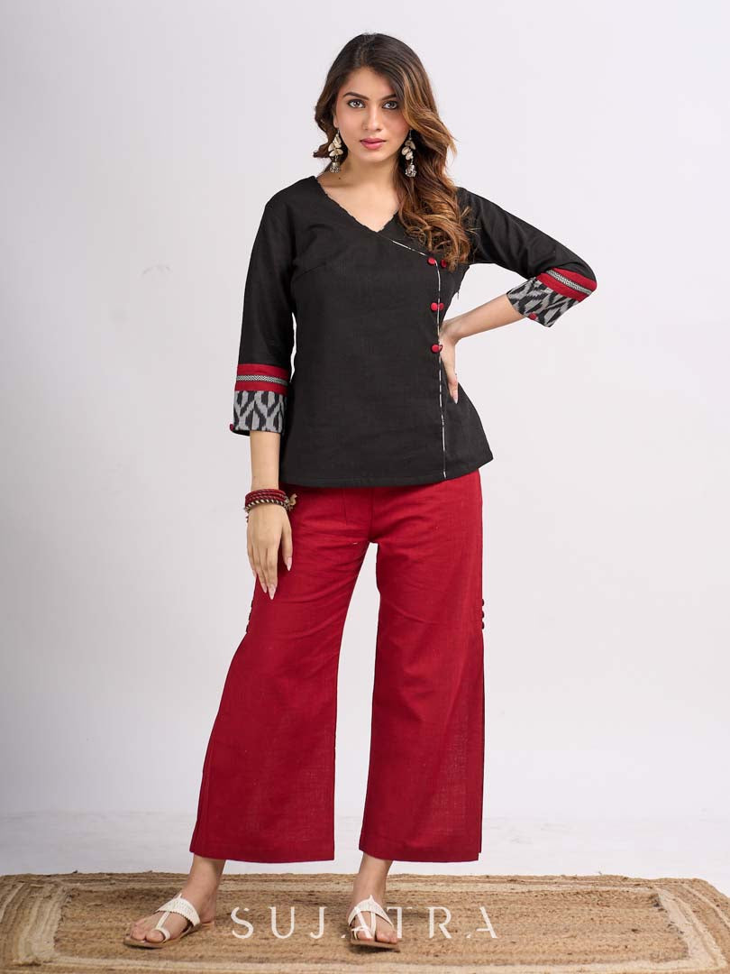 Black Cotton Wrap Pattern Top with Ikat Cuff Panels and Button Highlight