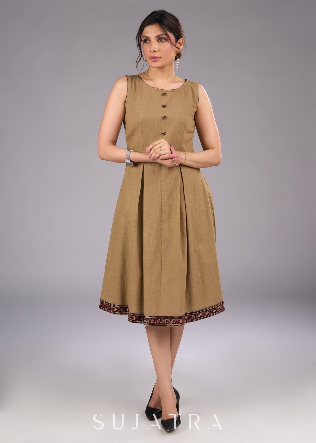 Ajrakh Adorned Biscuit Brown Cotton Sleeveless Dress - Jacket Optional