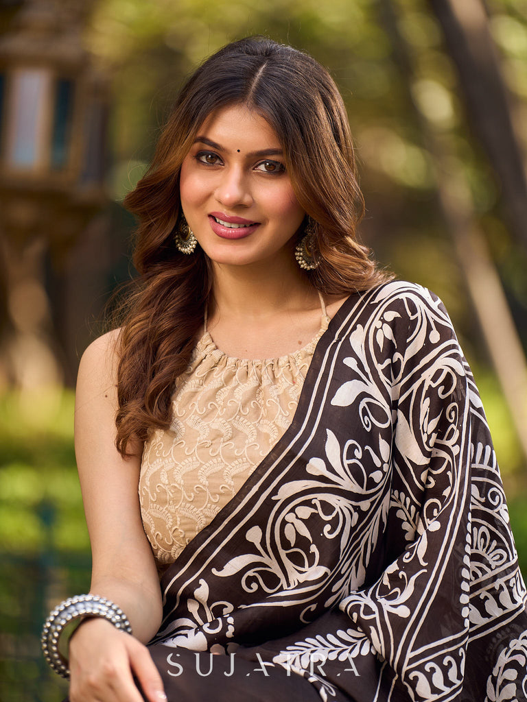 Timeless Dark Brown Pure Silk Hand Batik Saree with Bold Prints and Statement Borders