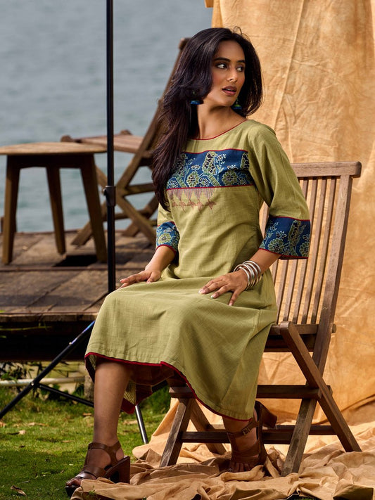 Sage Green Cotton A Line Dress with Contrast Ajrakh Yoke and Cuff Detailing featuring Hand Painting