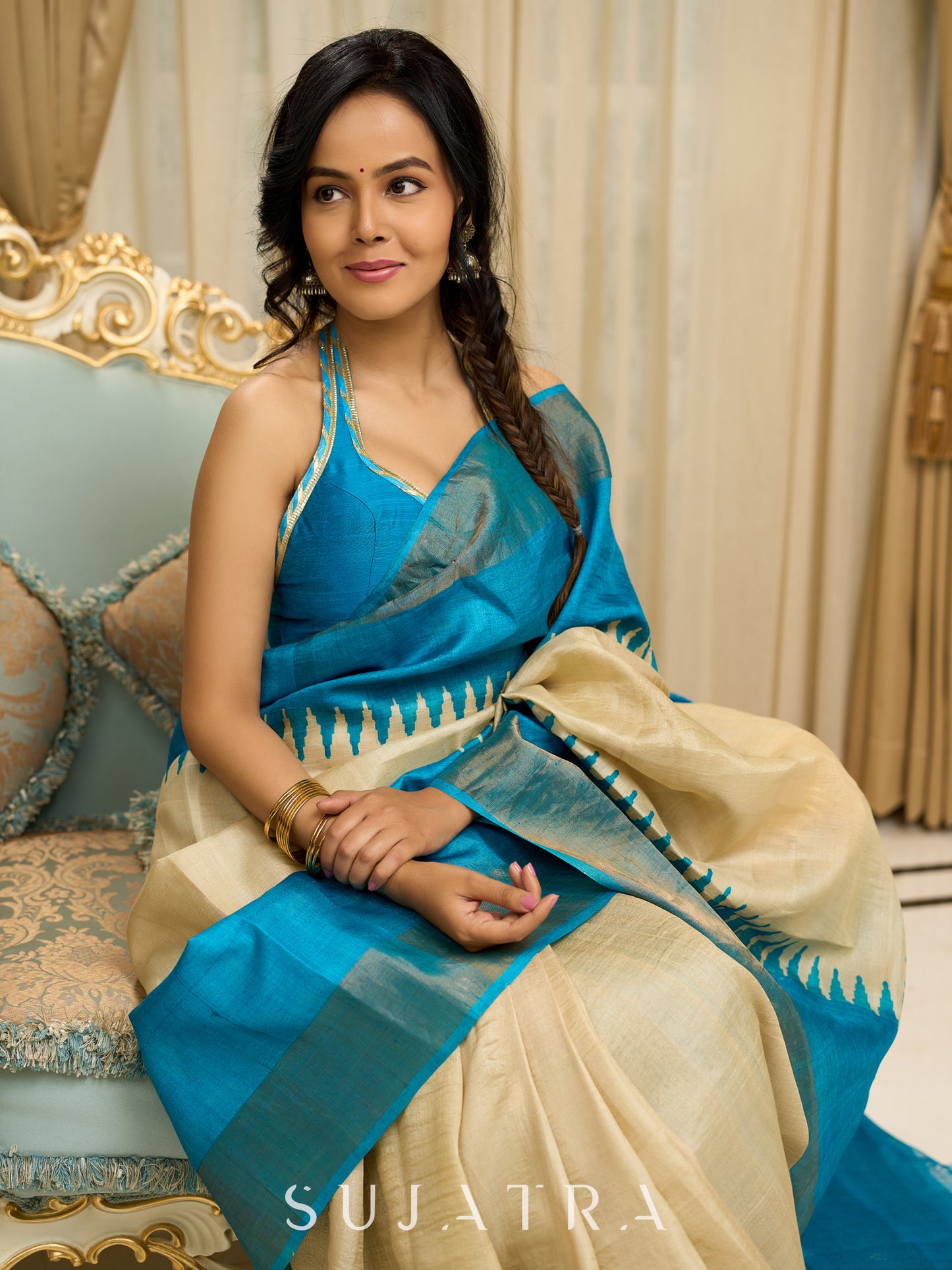 Pure Tussar silk saree in ocean blue with temple borders