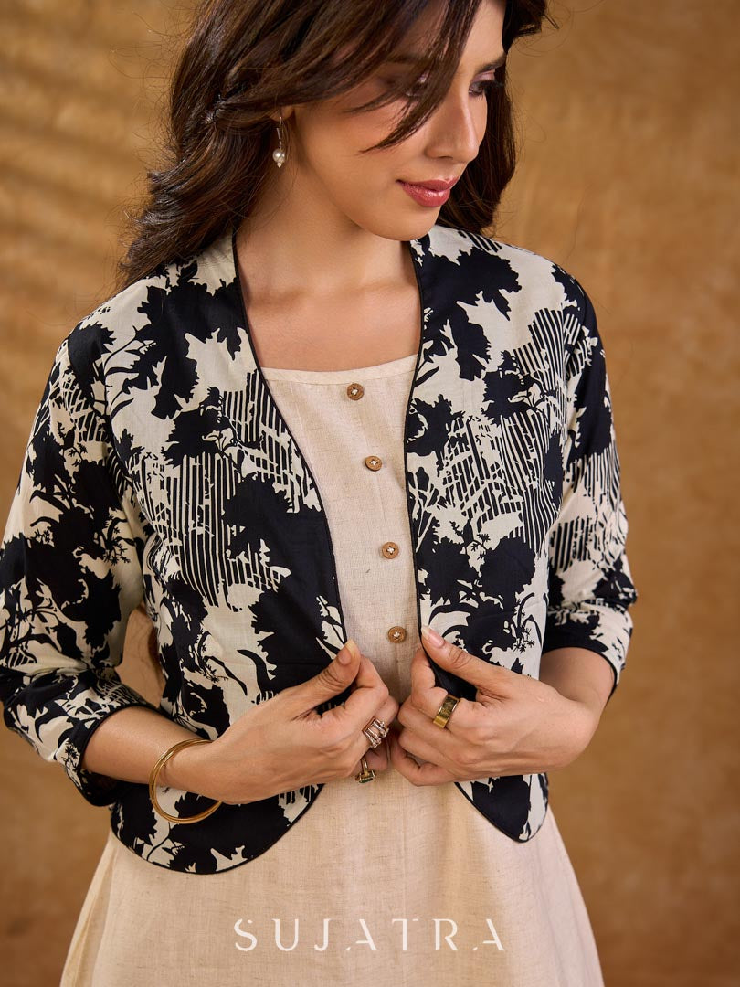 Classic Monochrome Floral Print Cotton Bolero Jacket