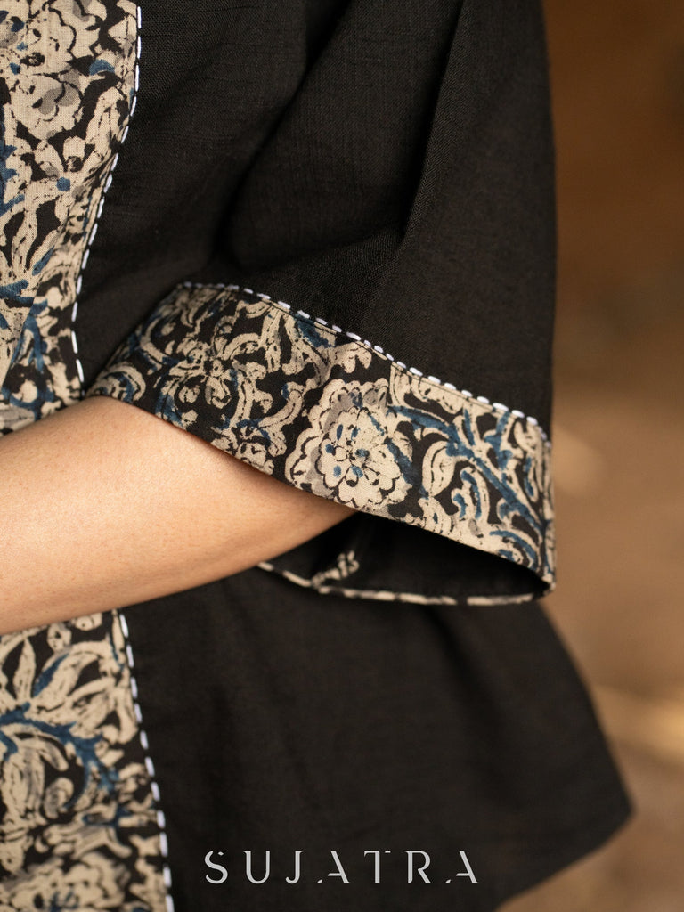 Black Cotton Shirt with Heritage Kalamkari Detailing & Graceful Kantha Embellishments