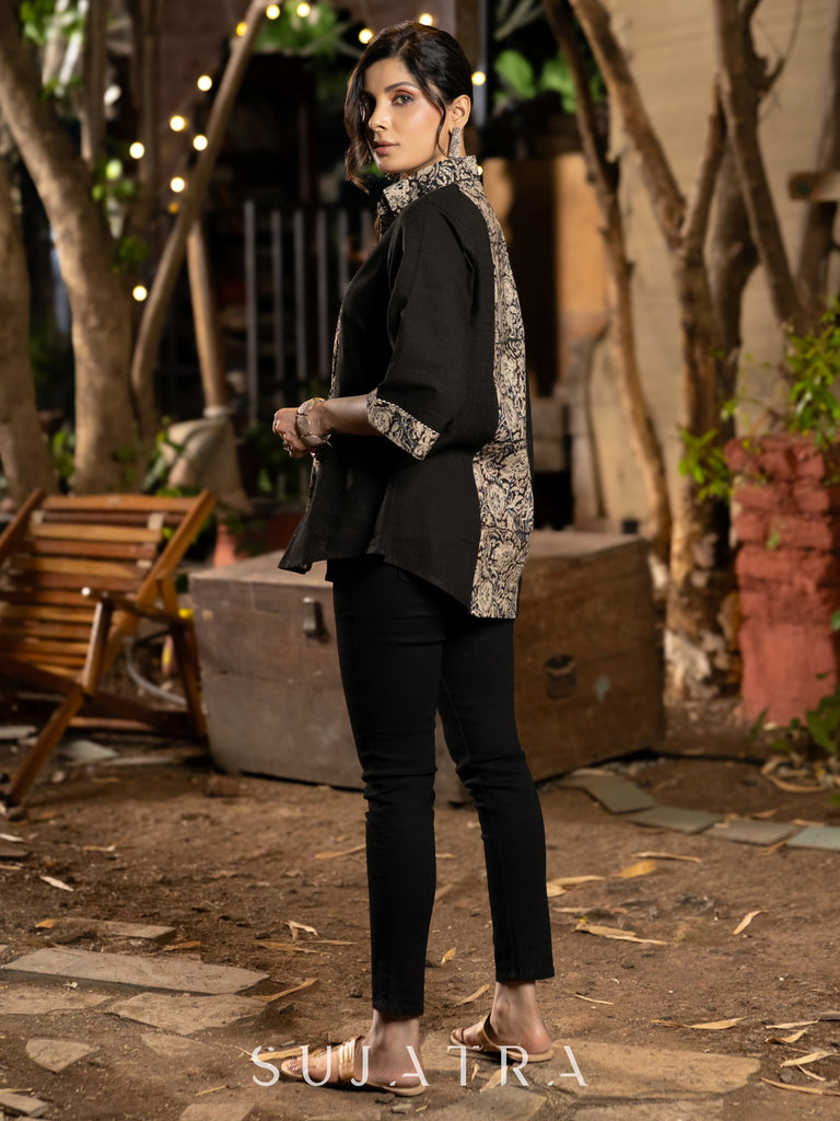 Black Cotton Shirt with Heritage Kalamkari Detailing & Graceful Kantha Embellishments