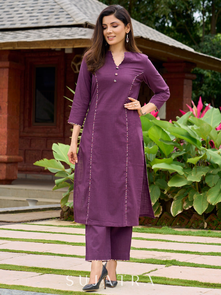 Elegant purple cotton kurta designed with flattering princess-cut silhouette -pant optional