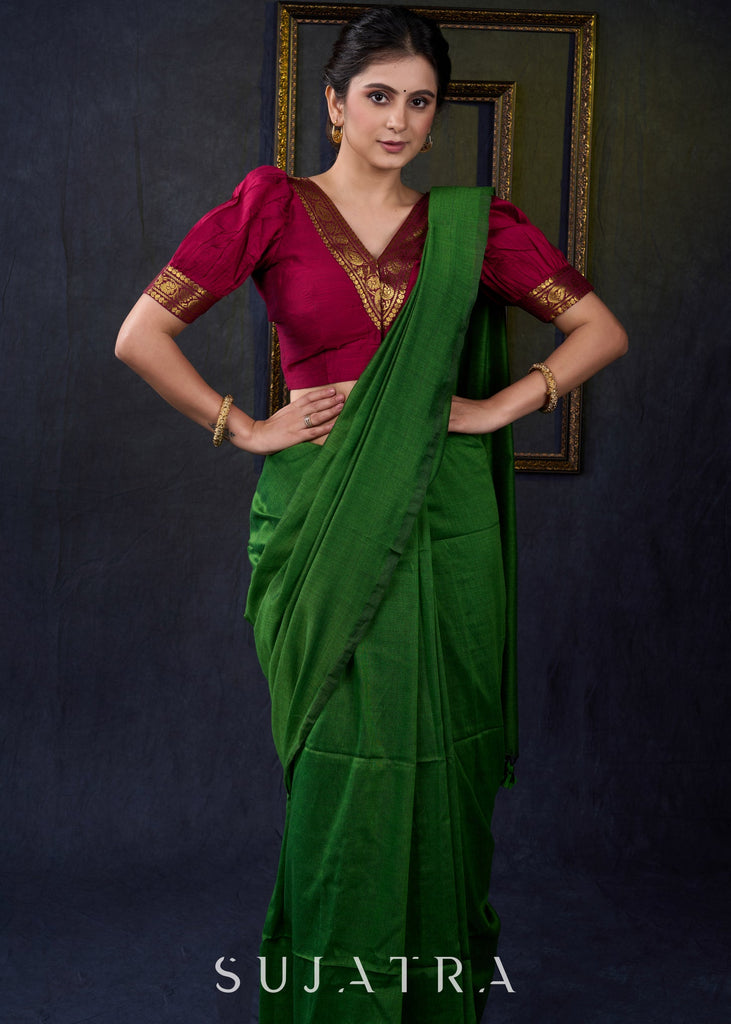 Exclusive Magenta Cotton Silk Blouse with Zari Borders - Plain Saree Optional