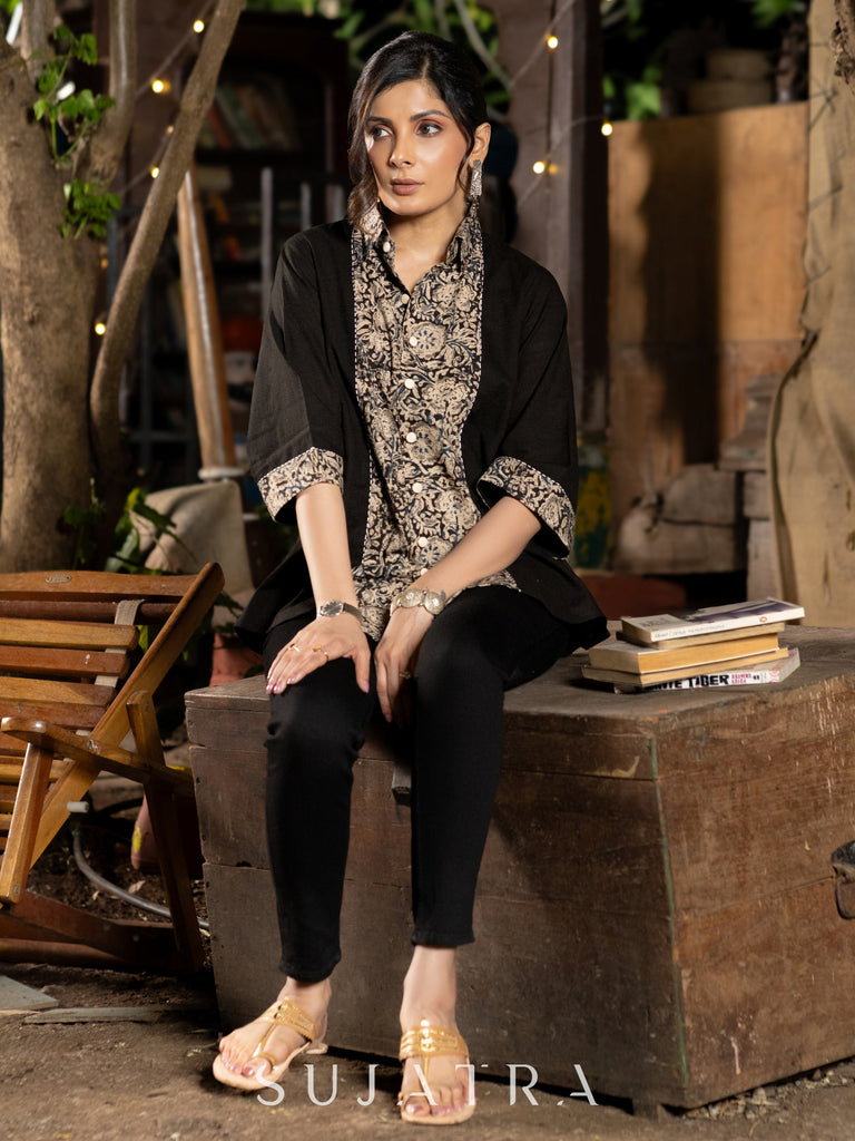 Black Cotton Shirt with Heritage Kalamkari Detailing & Graceful Kantha Embellishments