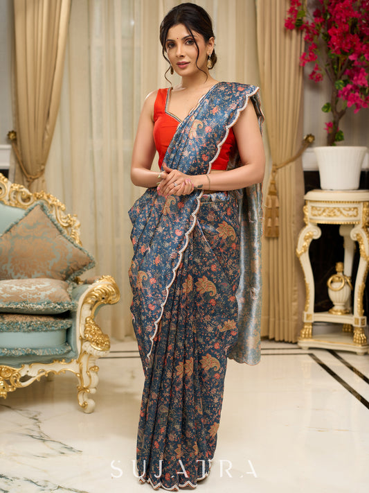 Exclusive floral printed saree with delicate hand embroidery and scalloped embroidered edges