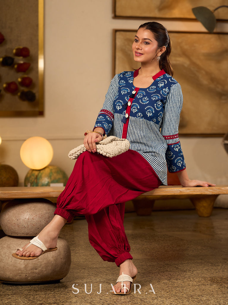 Indigo Cotton Top With Maroon Placket Detailed With Cowrie And Tassels, Finished with Collared Neckline