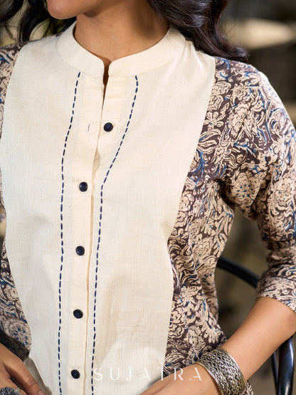 Off-White Panelled Cotton Flex Shirt with Traditional Kalamkari Print Highlights