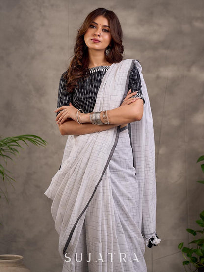 Black and White Ikat Cotton Blouse with Embroidered Neckline and Sleeves