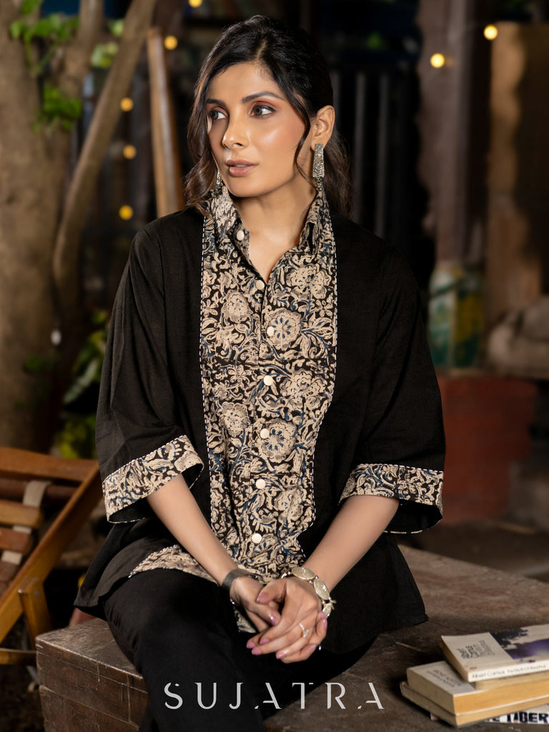 Black Cotton Shirt with Heritage Kalamkari Detailing & Graceful Kantha Embellishments