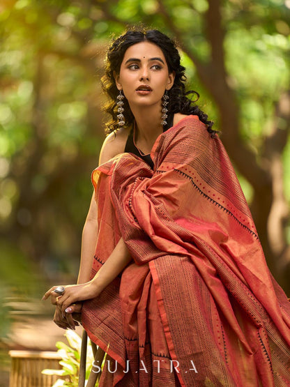 Contemporary Rust Cotton Saree with Traditional Hand Block Print Borders