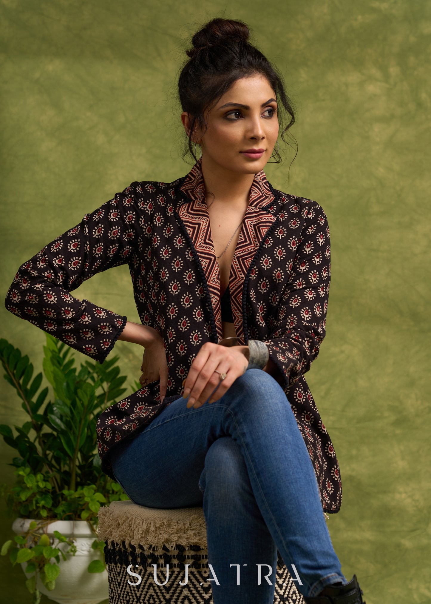 Block Printed Black Ajrakh Jacket Featuring Traditional Print And Contrasting Collar