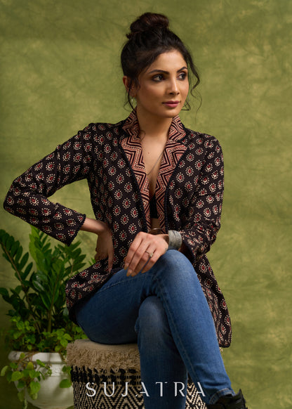 Block Printed Black Ajrakh Jacket Featuring Traditional Print And Contrasting Collar