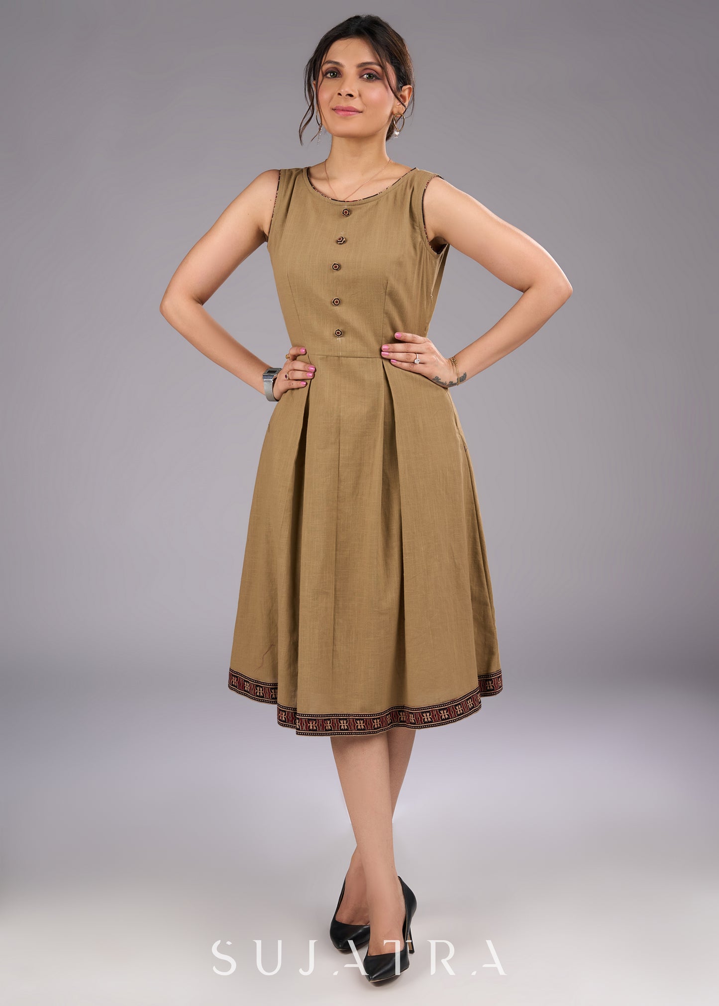 Ajrakh Adorned Biscuit Brown Cotton Sleeveless Dress - Jacket optional