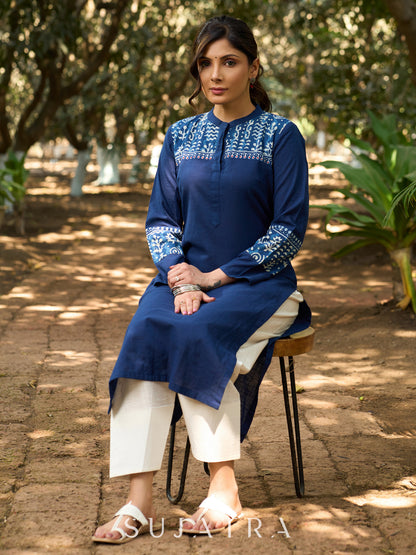 Azure Indigo Charm Kurta with Detailing on Yoke & Sleeves