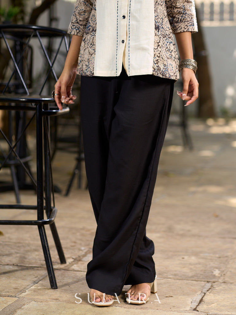 Black Rayon High-Waist Straight Pants