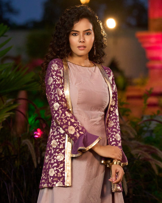 Contemporary Purple Banarasi Jacket with Statement Ruffle Sleeves - Dress Optional