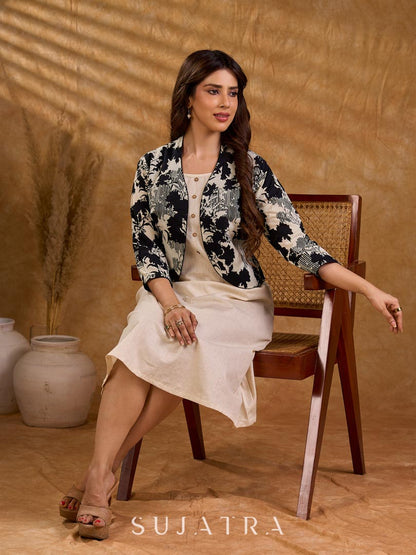 Classic Monochrome Floral Print Cotton Bolero Jacket