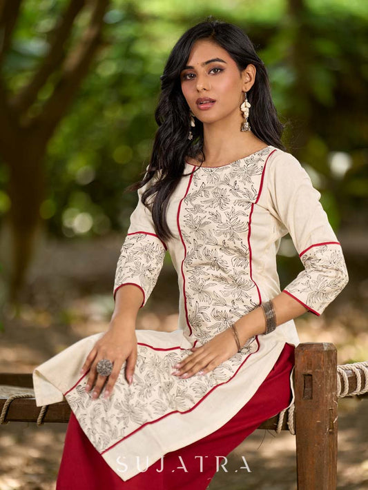 Refined Off-White Cotton Flex Kurta with Statement Floral Panel Hand Block Print and Maroon Accents
