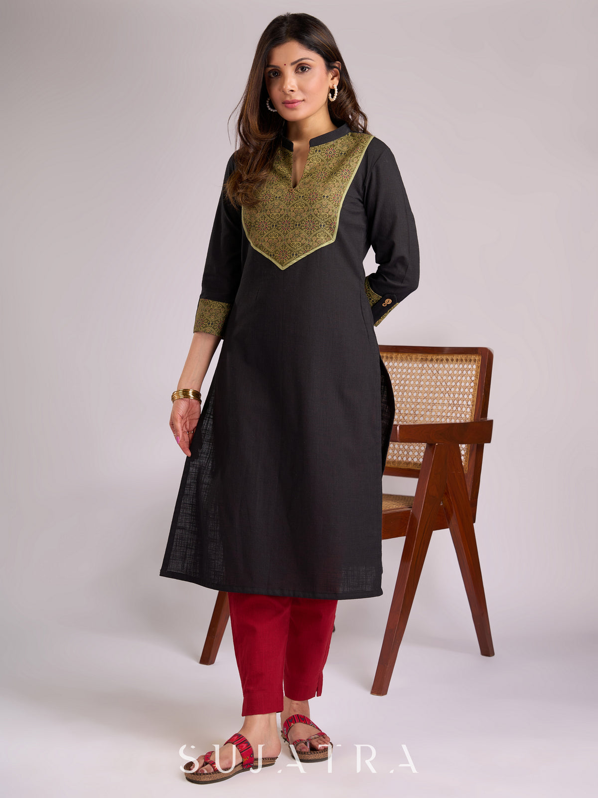Dussehra Sale — Timeless Black Cotton Kurta with Striking Green Ajrakh Yoke & Cuff Detailing - Pant Optional
