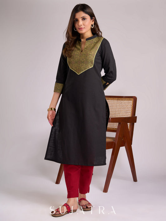 Timeless Black Cotton Kurta with Striking Green Ajrakh Yoke & Cuff Detailing