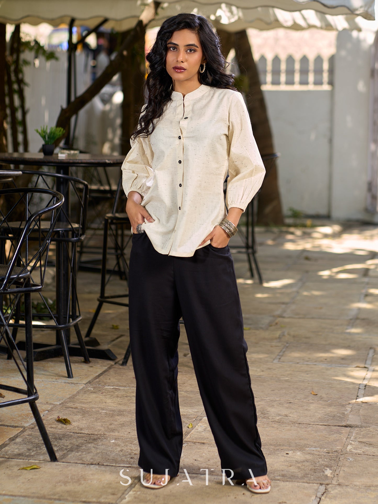 Ivory Cotton Flex Shirt Featuring Soft Gathered Sleeves