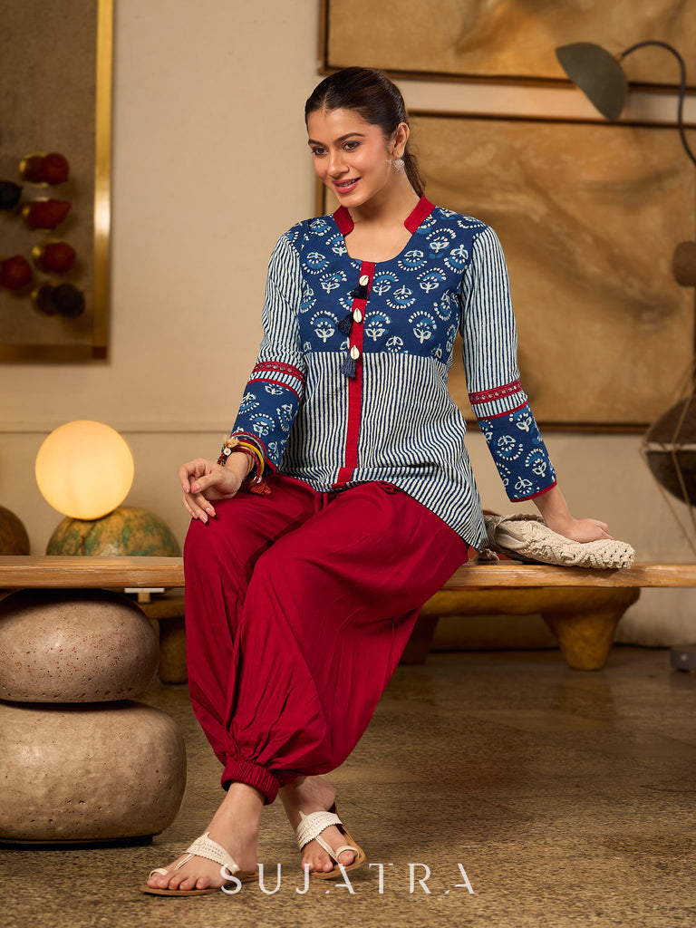 Indigo Cotton Top With Maroon Placket Detailed With Cowrie And Tassels, Finished with Collared Neckline