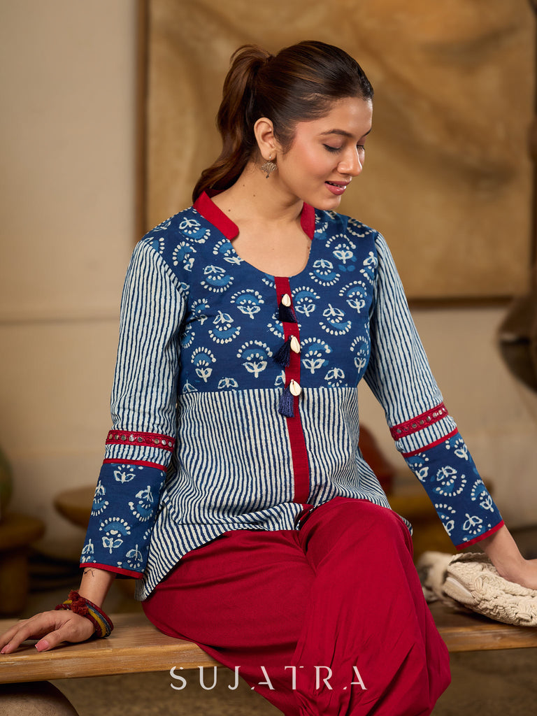 Indigo Cotton Top With Maroon Placket Detailed With Cowrie And Tassels, Finished with Collared Neckline