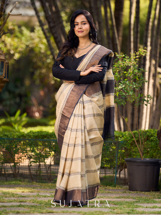 Classic Ivory and Brown Pure Tussar Silk  Block Printed Saree Accented with Subtle Stripes and Handcrafted Detailing