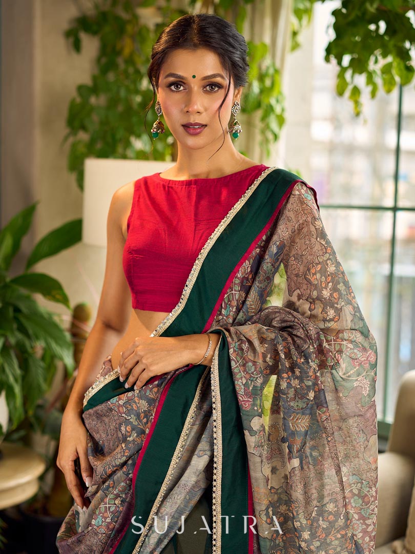 Regal Bottle Green Georgette Saree with Artistic Kalamkari Printed Pallu & Delicate Gold Lace Border
