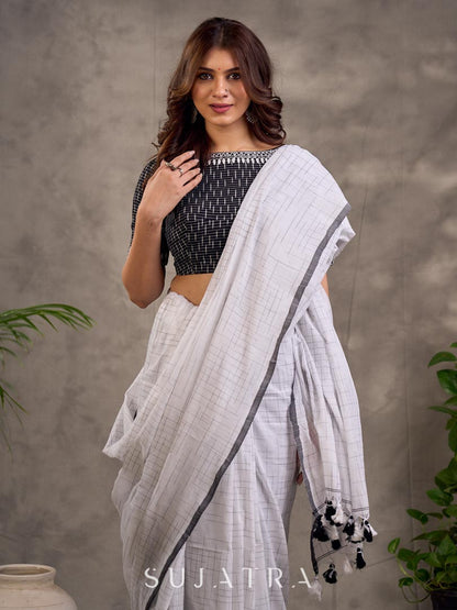 Black and White Ikat Cotton Blouse with Embroidered Neckline and Sleeves