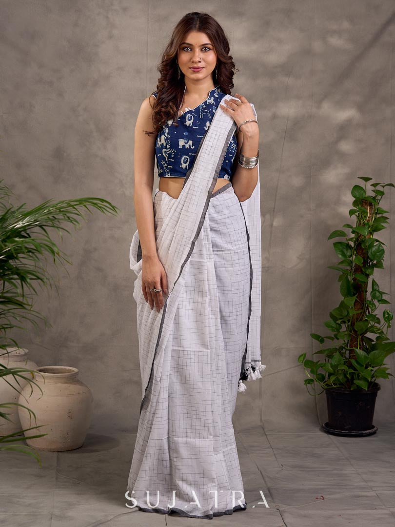 Indigo Printed Navy Blue Sleeveless Blouse with Asymmetric Collar