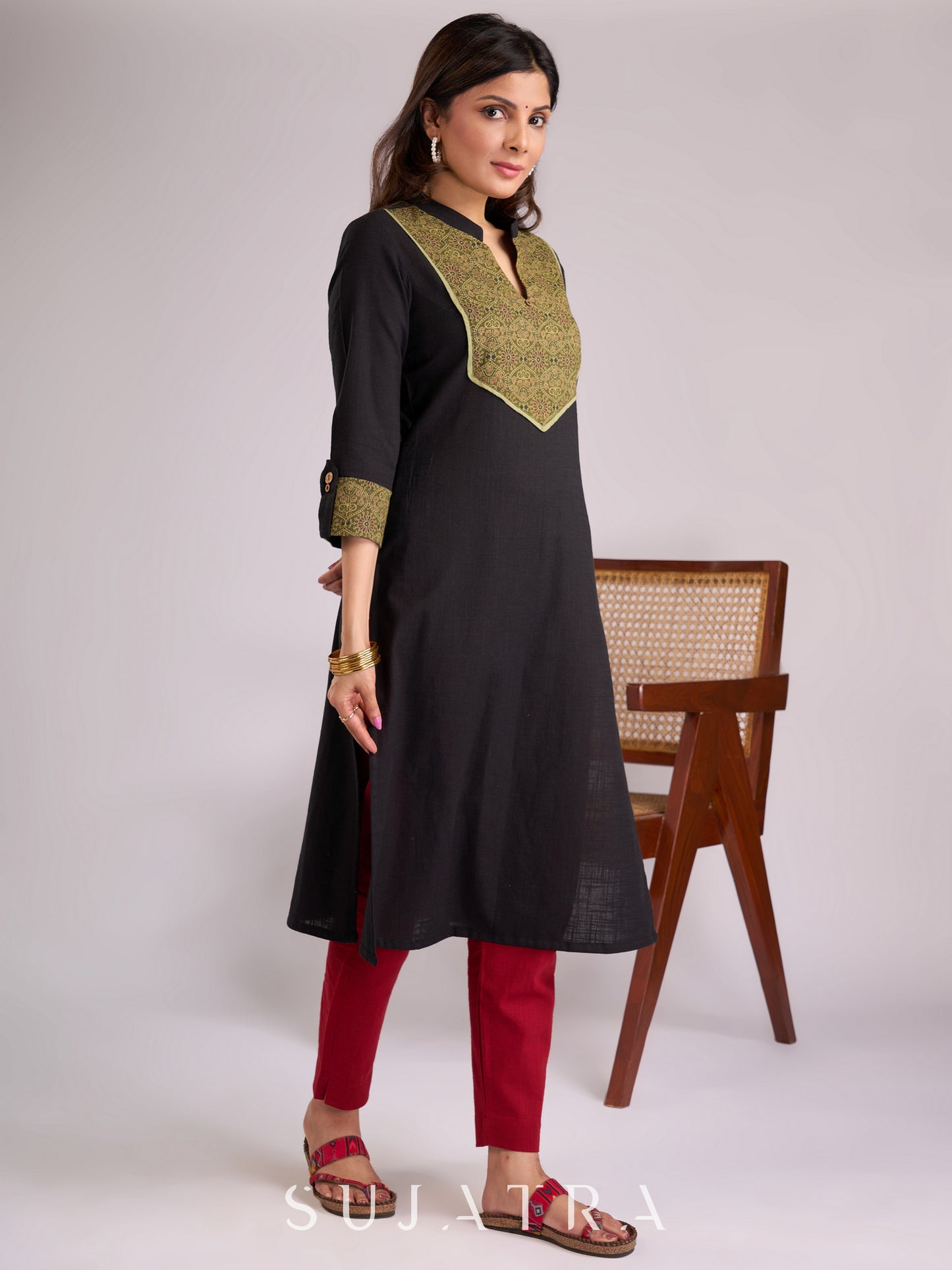 Timeless Black Cotton Kurta with Striking Green Ajrakh Yoke & Cuff Detailing