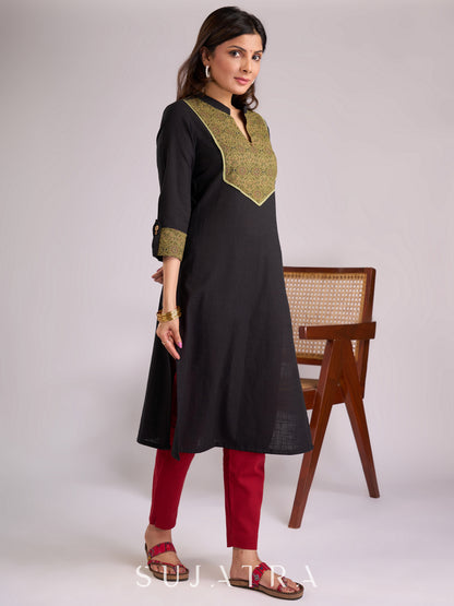 Timeless Black Cotton Kurta with Striking Green Ajrakh Yoke & Cuff Detailing