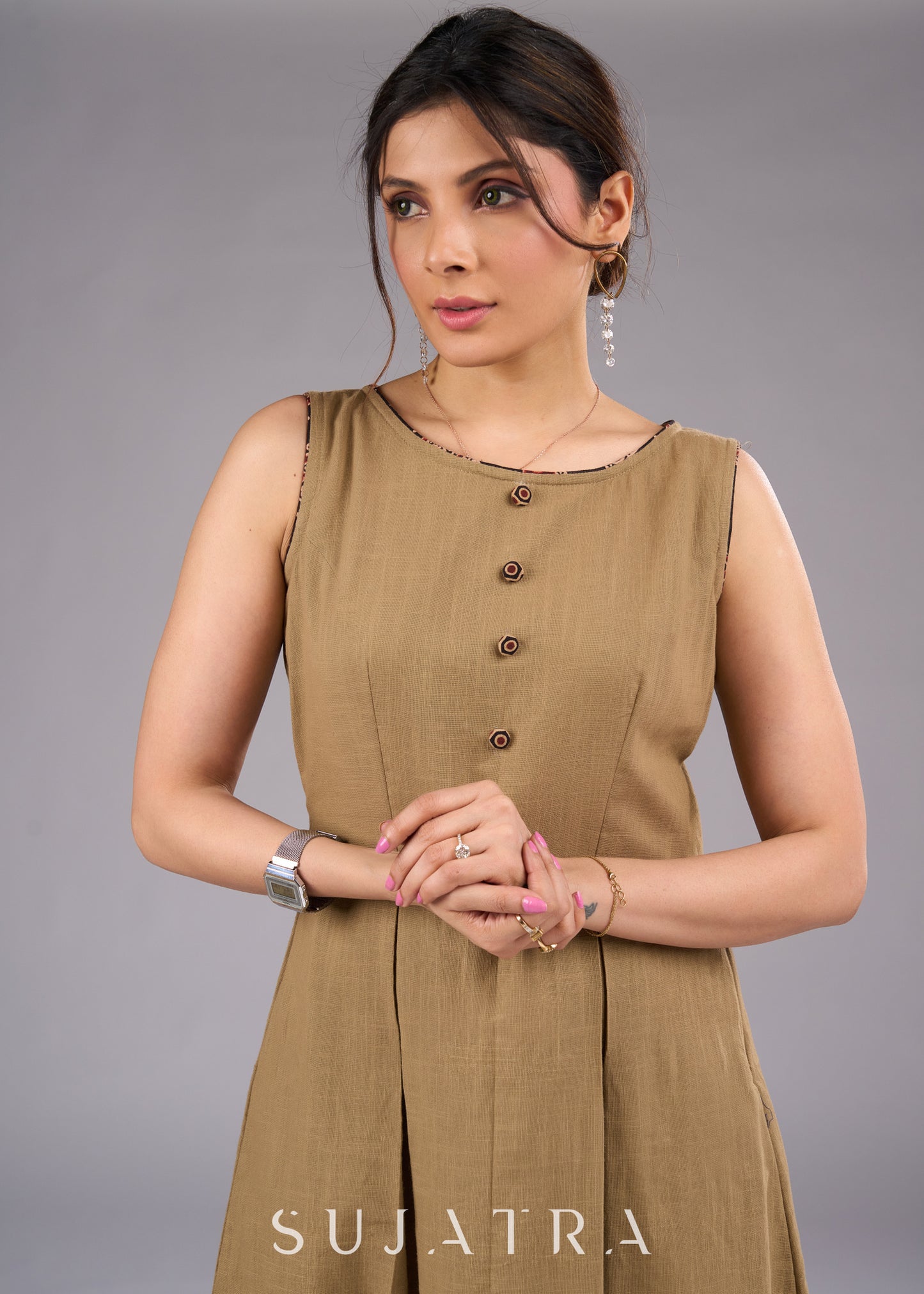 Ajrakh Adorned Biscuit Brown Cotton Sleeveless Dress - Jacket optional