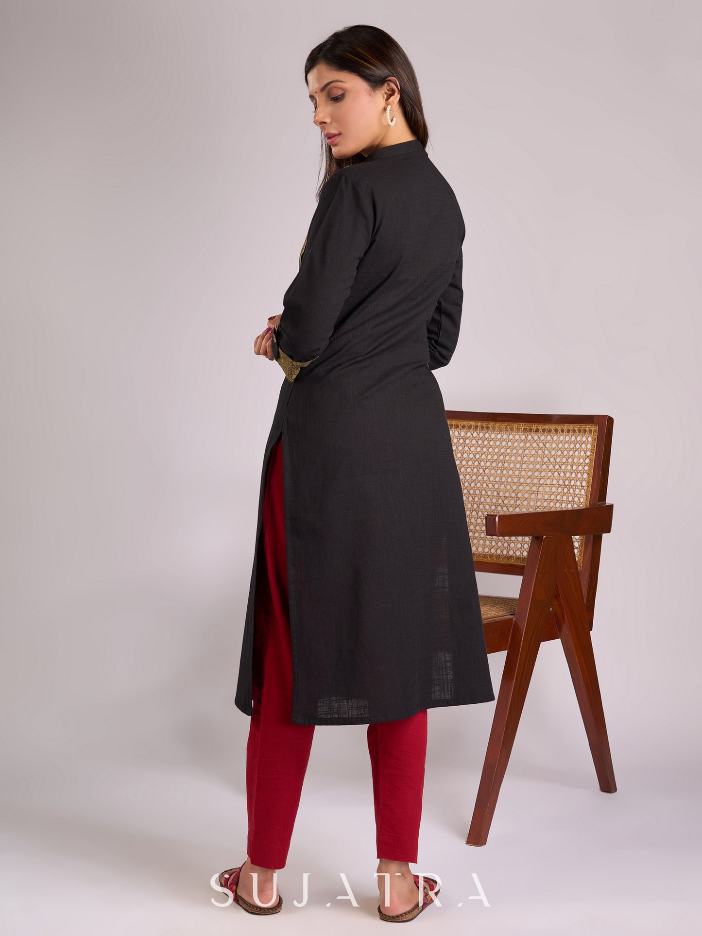 Timeless Black Cotton Kurta with Striking Green Ajrakh Yoke & Cuff Detailing