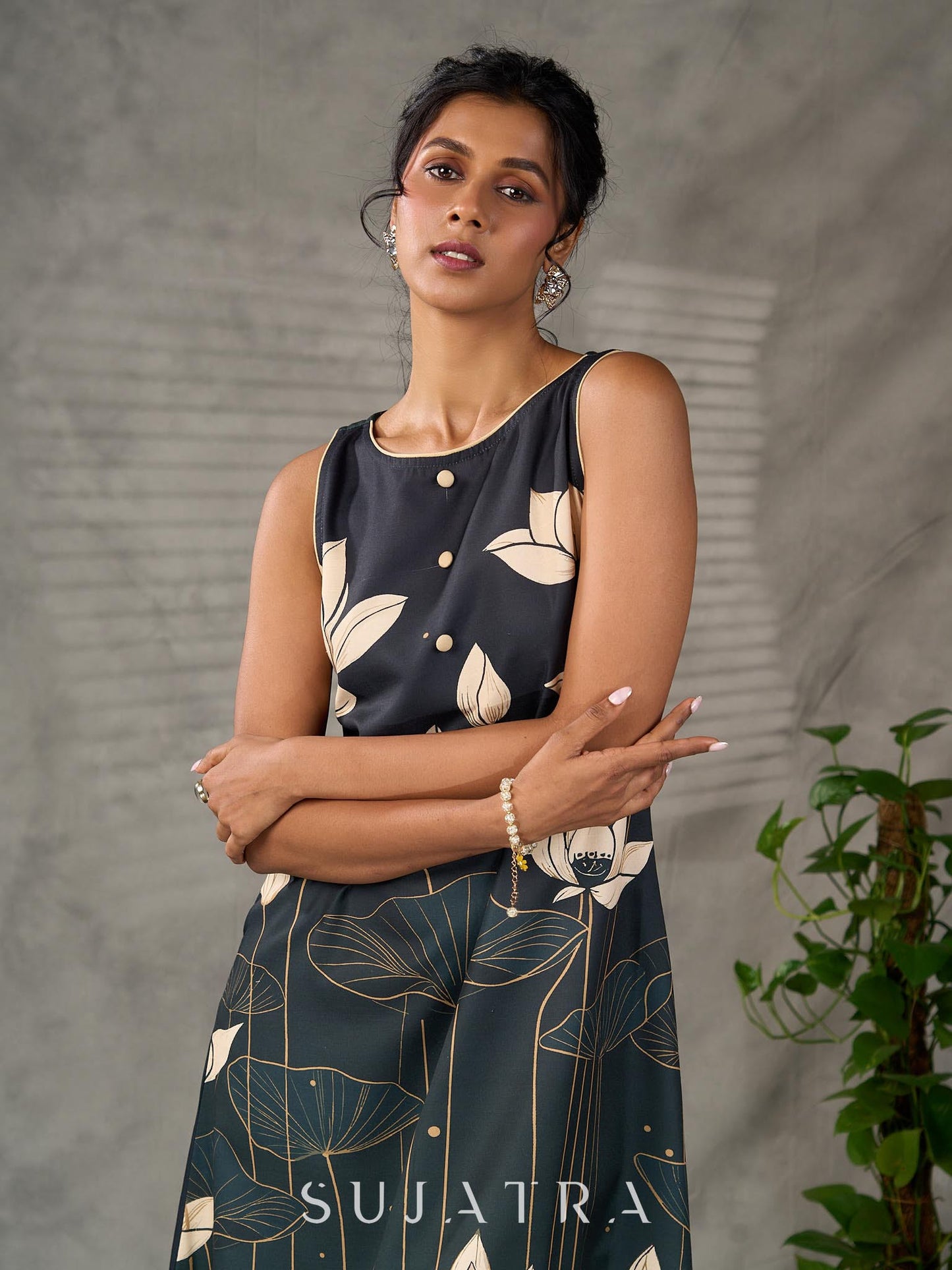 Bottle green and beige Pichwai lotus printed dress with beige accents
