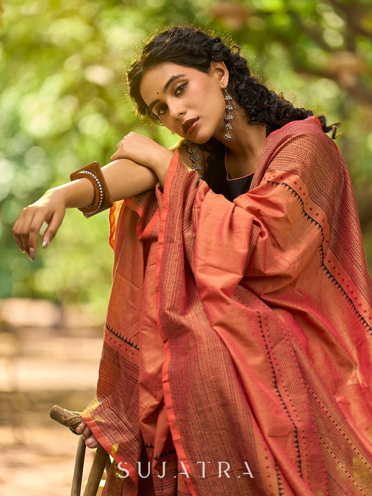Contemporary Rust Cotton Saree with Traditional Hand Block Print Borders