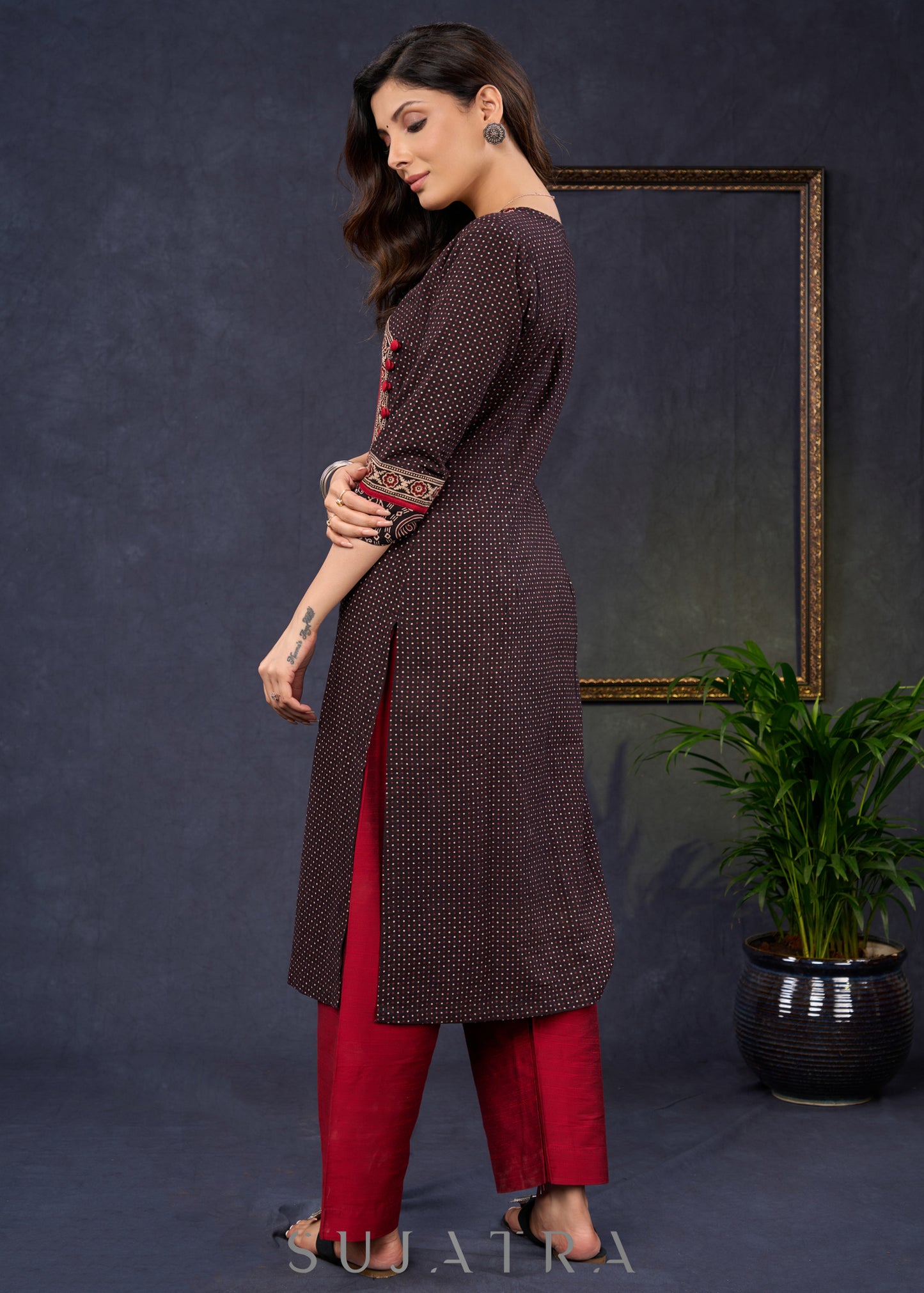 Beautiful-Black-Cotton-Ajrakh-Combination-Kurta-With-Highlighted-Ajrakh-Yoke--Pant-Optional