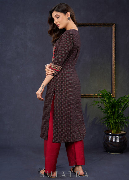 Beautiful-Black-Cotton-Ajrakh-Combination-Kurta-With-Highlighted-Ajrakh-Yoke--Pant-Optional