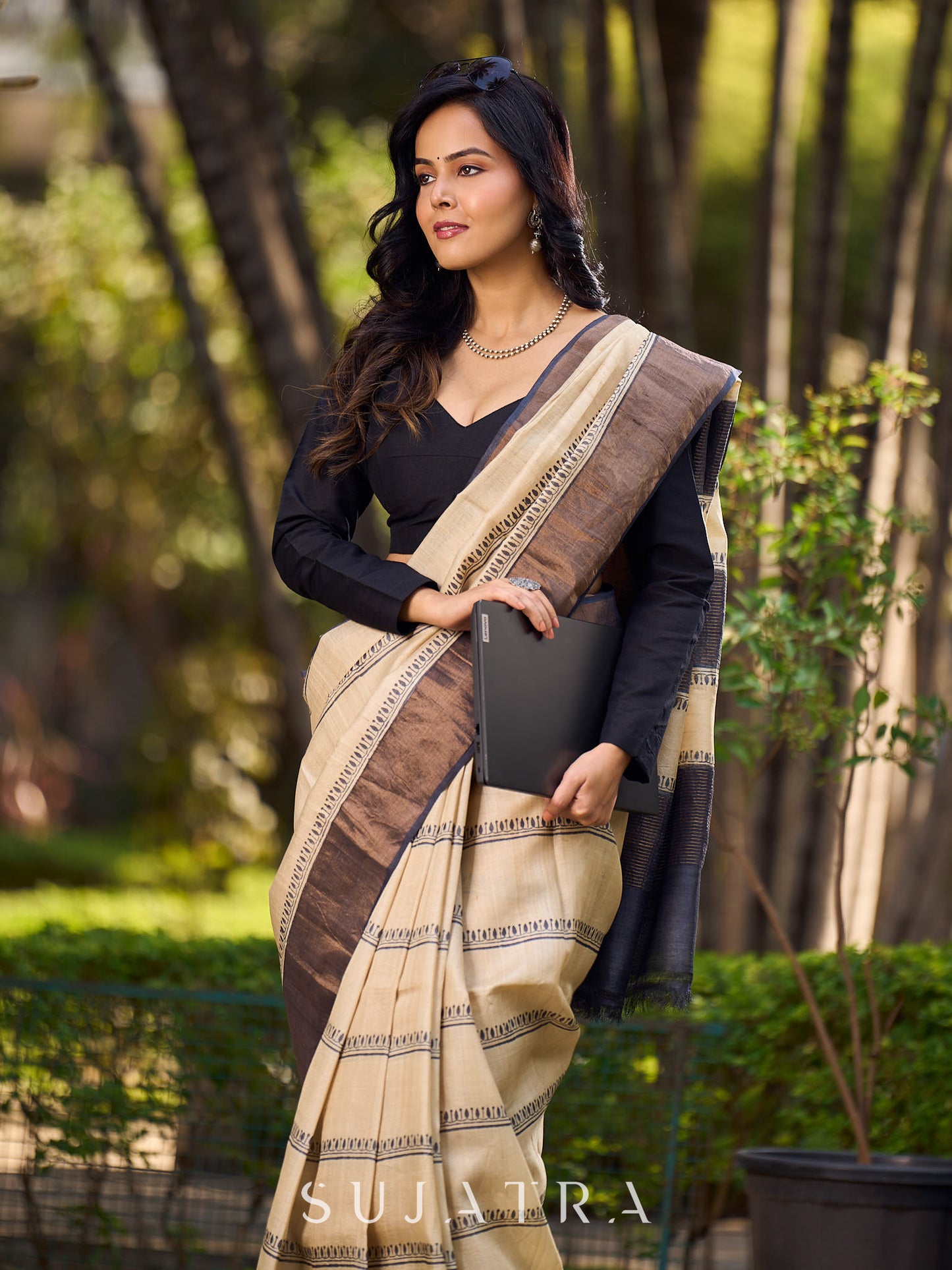 Timeless Ivory Tussar Saree with Subtle Stripes & Handcrafted Detailing