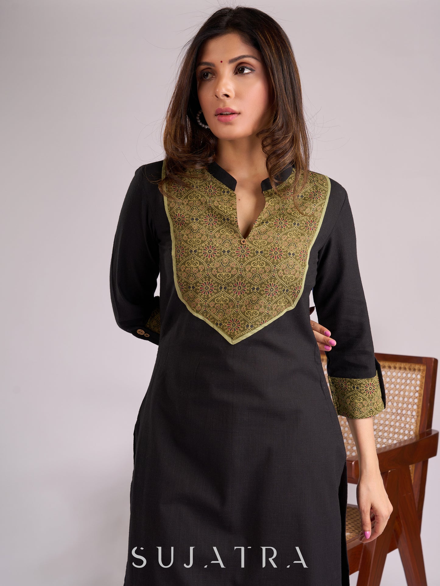 Timeless Black Cotton Kurta with Striking Green Ajrakh Yoke & Cuff Detailing
