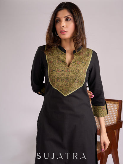 Timeless Black Cotton Kurta with Striking Green Ajrakh Yoke & Cuff Detailing