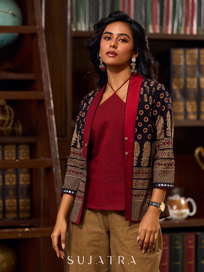 Ajrakh Black Cotton Jacket With Contrasting Maroon Silk Collar - Top optional