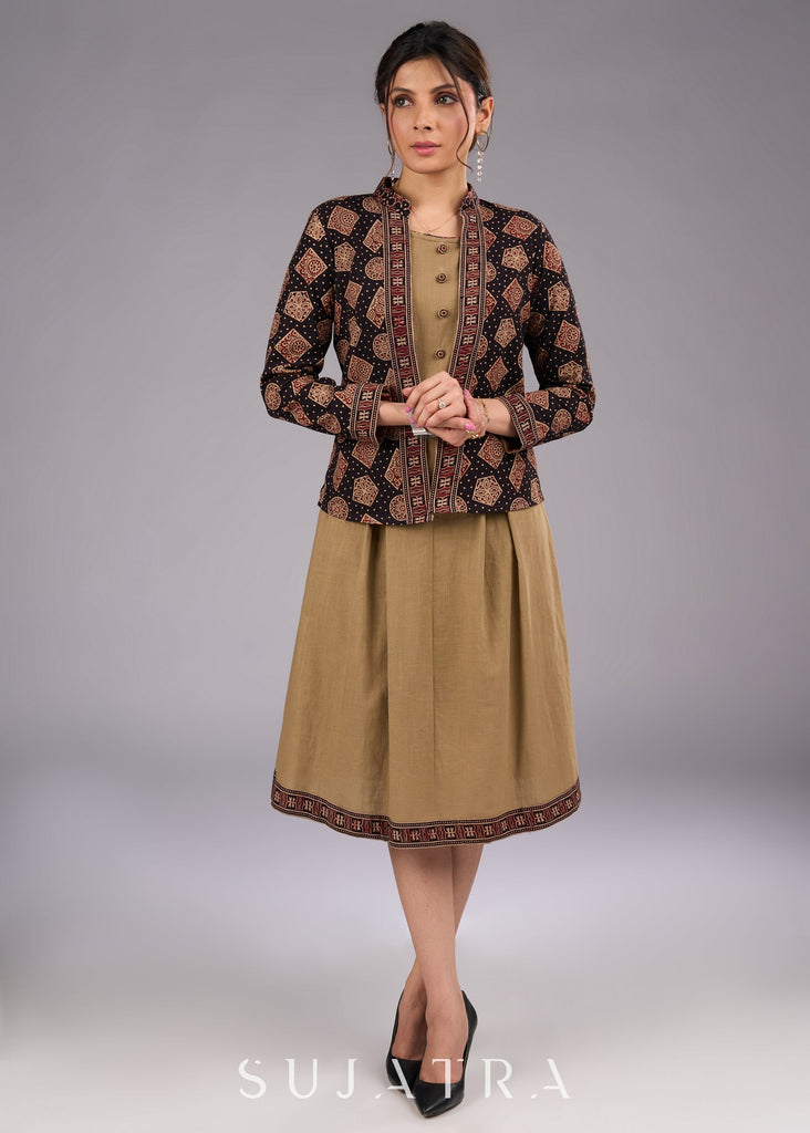 Ajrakh Adorned Biscuit Brown Cotton Sleeveless Dress