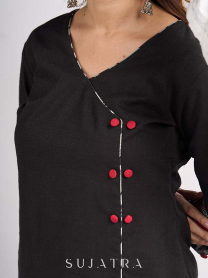 Black Cotton Wrap Pattern Top with Ikat Cuff Panels and Button Highlight