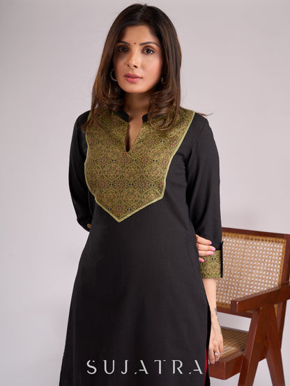 Timeless Black Cotton Kurta with Striking Green Ajrakh Yoke & Cuff Detailing