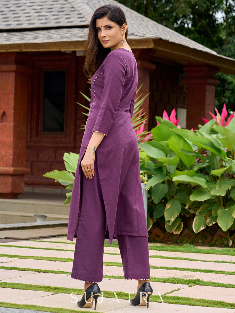 Elegant purple cotton kurta designed with flattering princess-cut silhouette -pant optional